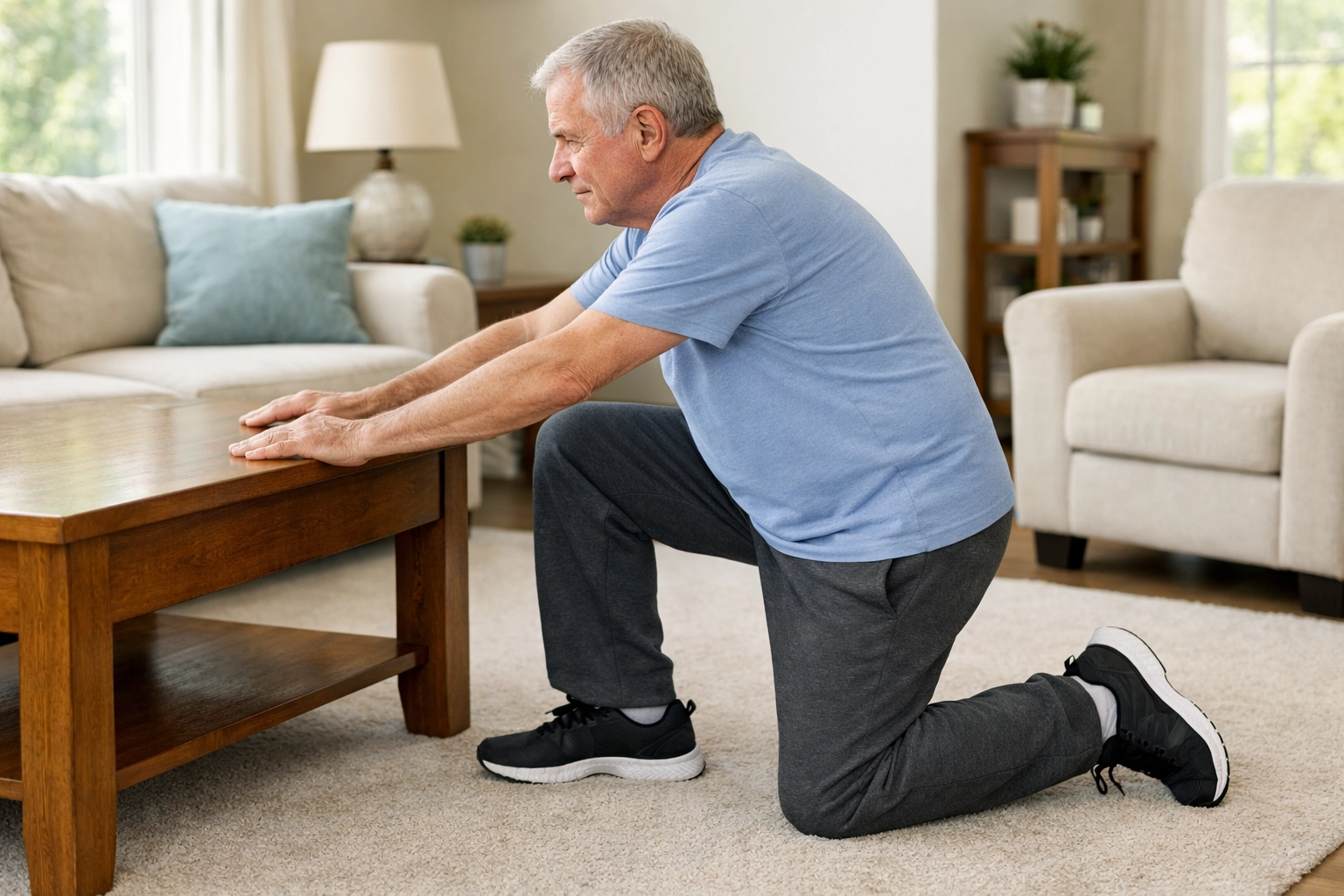 Older adult demonstrating half-kneeling fall recovery position with coffee table support
