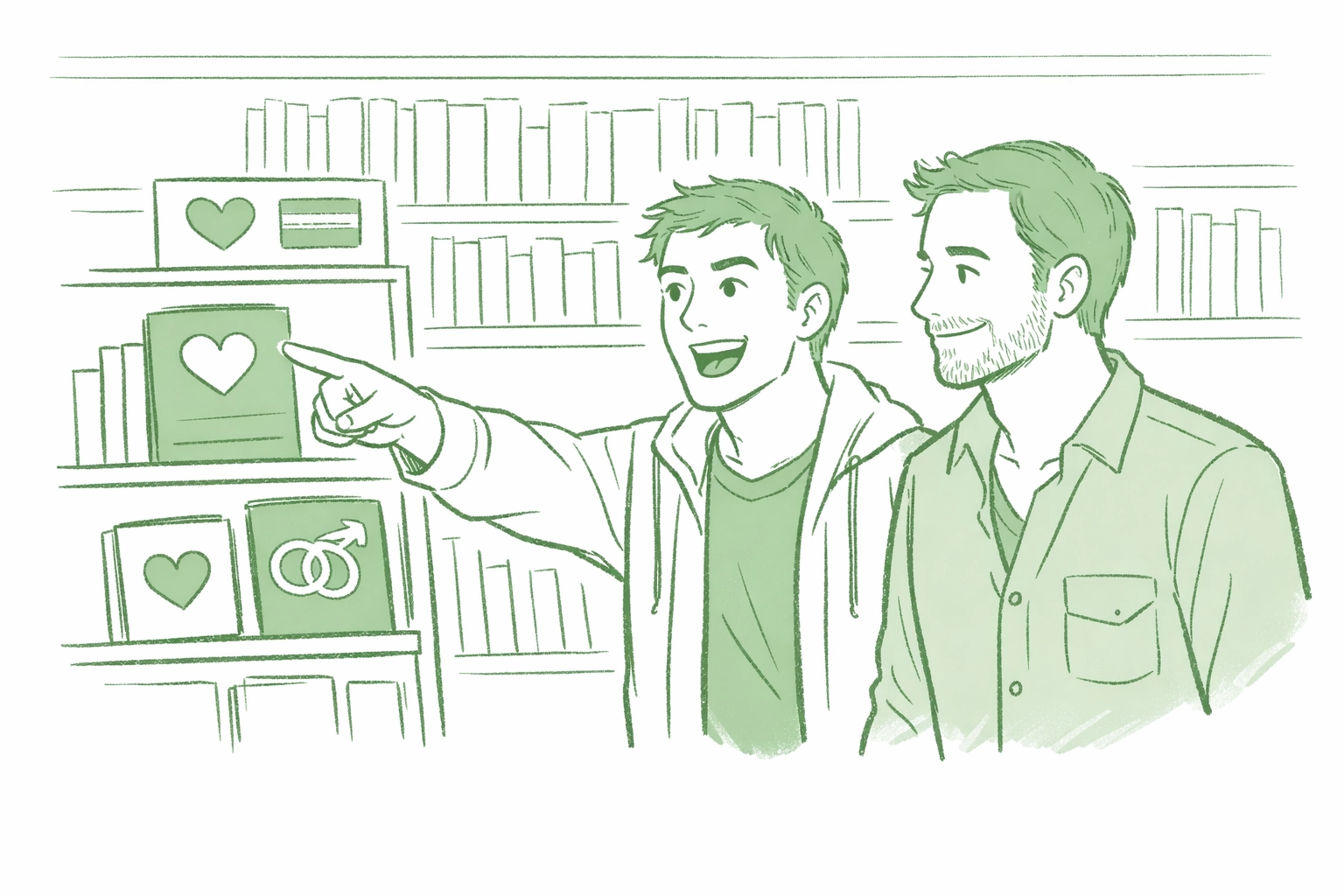 MM couple discovering gay romance novels in LGBTQ+ bookstore