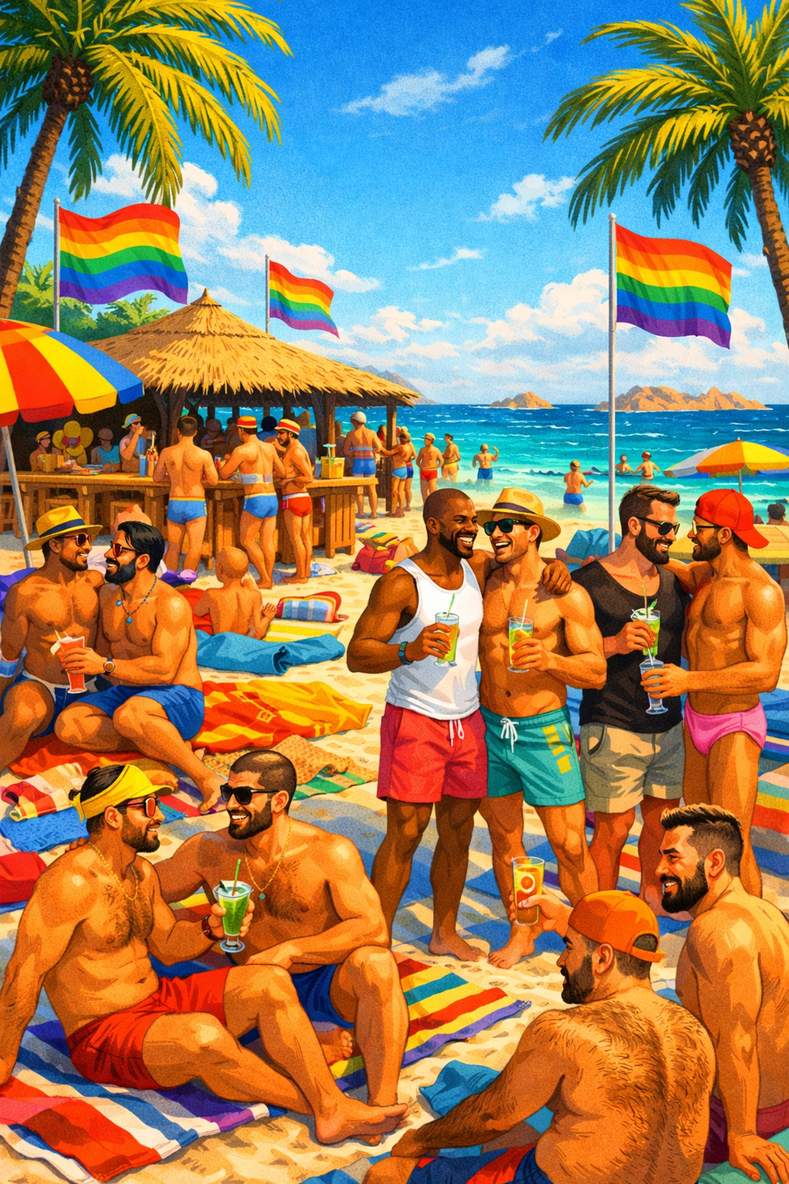 LGBTQ+ beach party at Es Cavallet with rainbow flags and diverse community in Ibiza