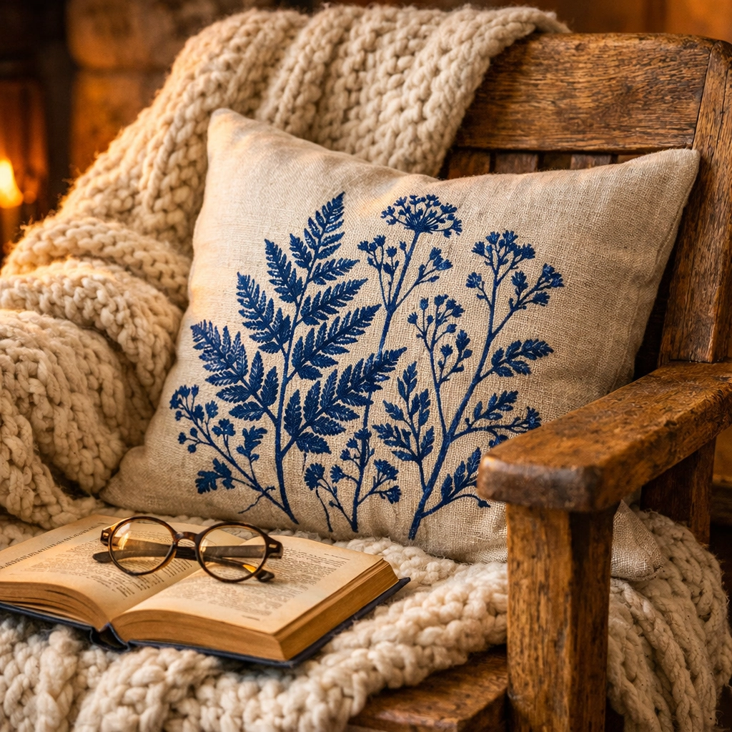 Hand-knitted cream wool throw and block-print pillow on a rustic wooden chair for home styling.