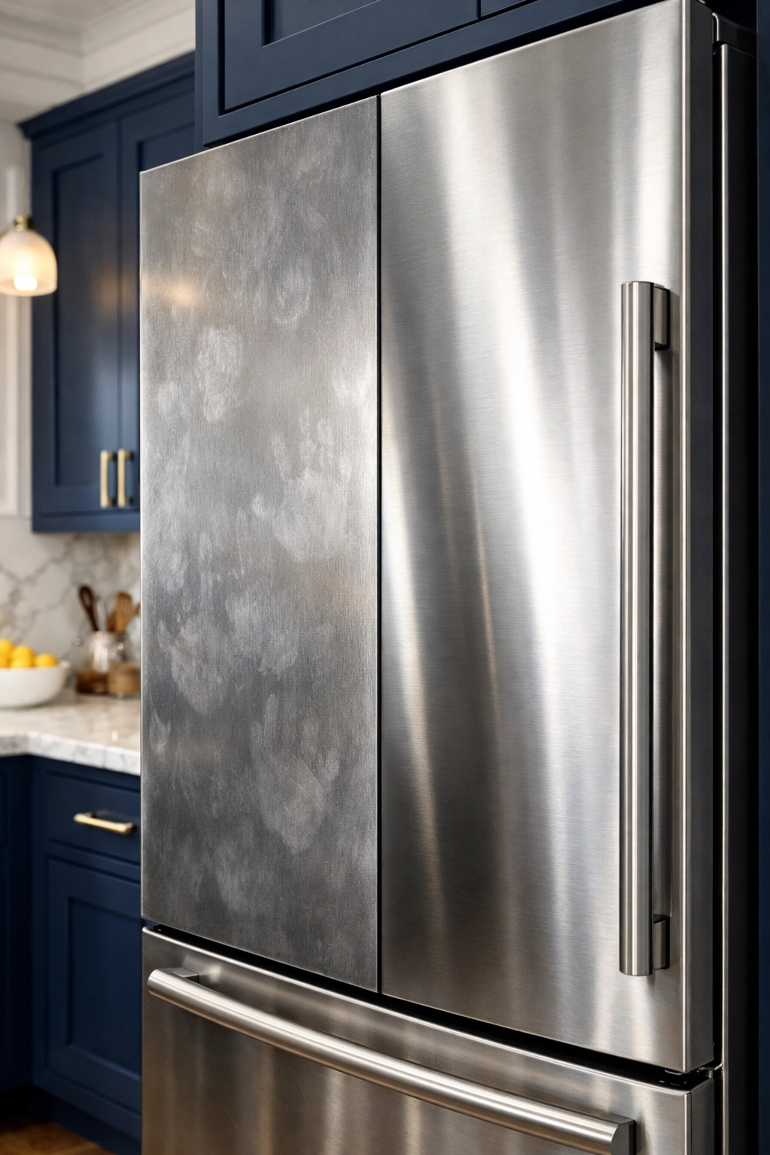 Before and after comparison of a smudged stainless steel fridge and a clean, polished surface in a modern kitchen.
