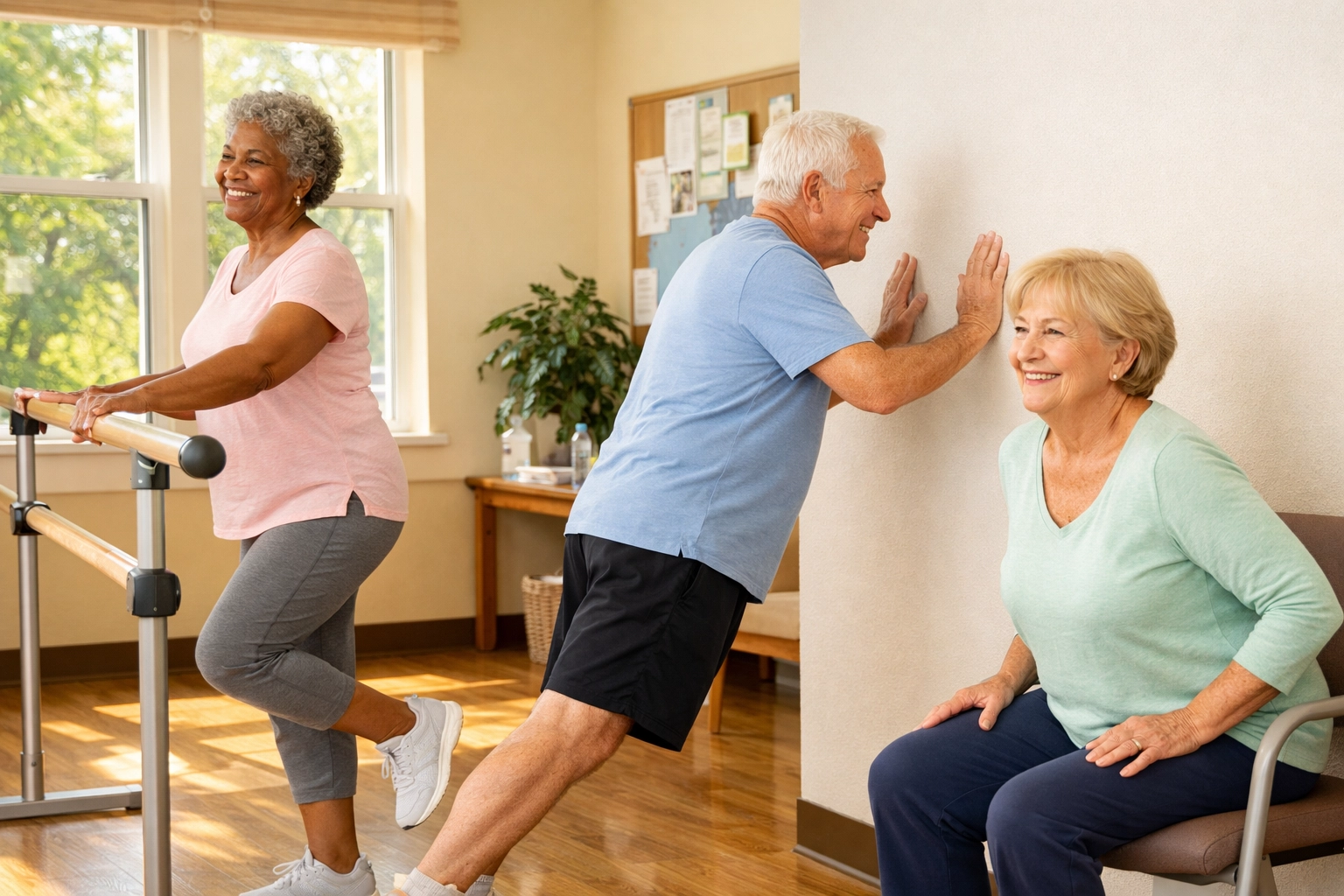 Group of seniors practicing strength and balance exercises for fall prevention