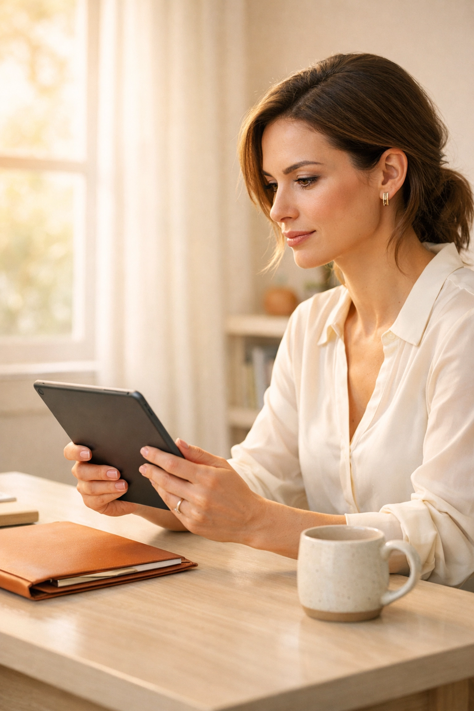 Surrogate reviewing surrogacy agency information on a tablet at home