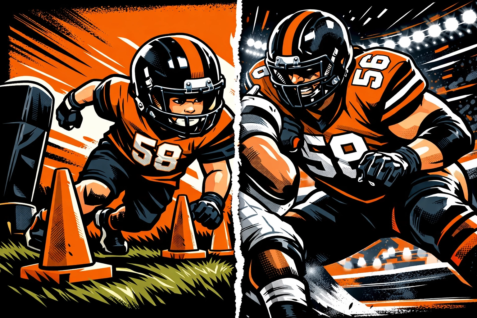 Youth football lineman progression from training to college game action