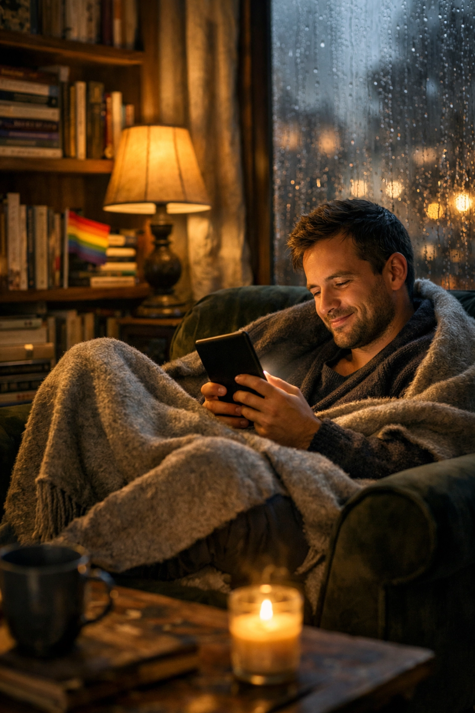 A man reading an LGBTQ+ ebook on a tablet while relaxing in a cozy, modern living room.