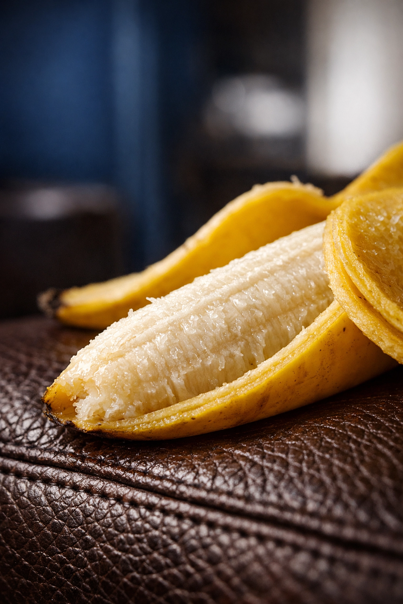 A fresh banana peel on dark leather, showing natural oils for eco-friendly leather conditioning.