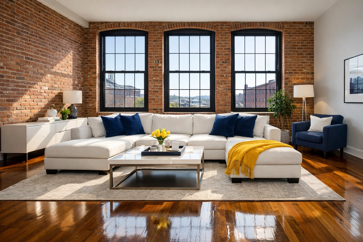 Clean living room in a Lowell loft showing the results of professional maid services Lowell residents trust.