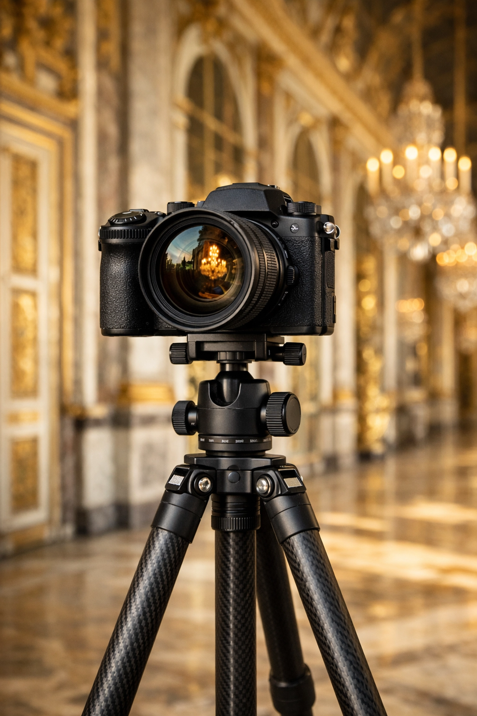 Professional camera on a tripod in a grand Versailles hallway, essential for interior photography.