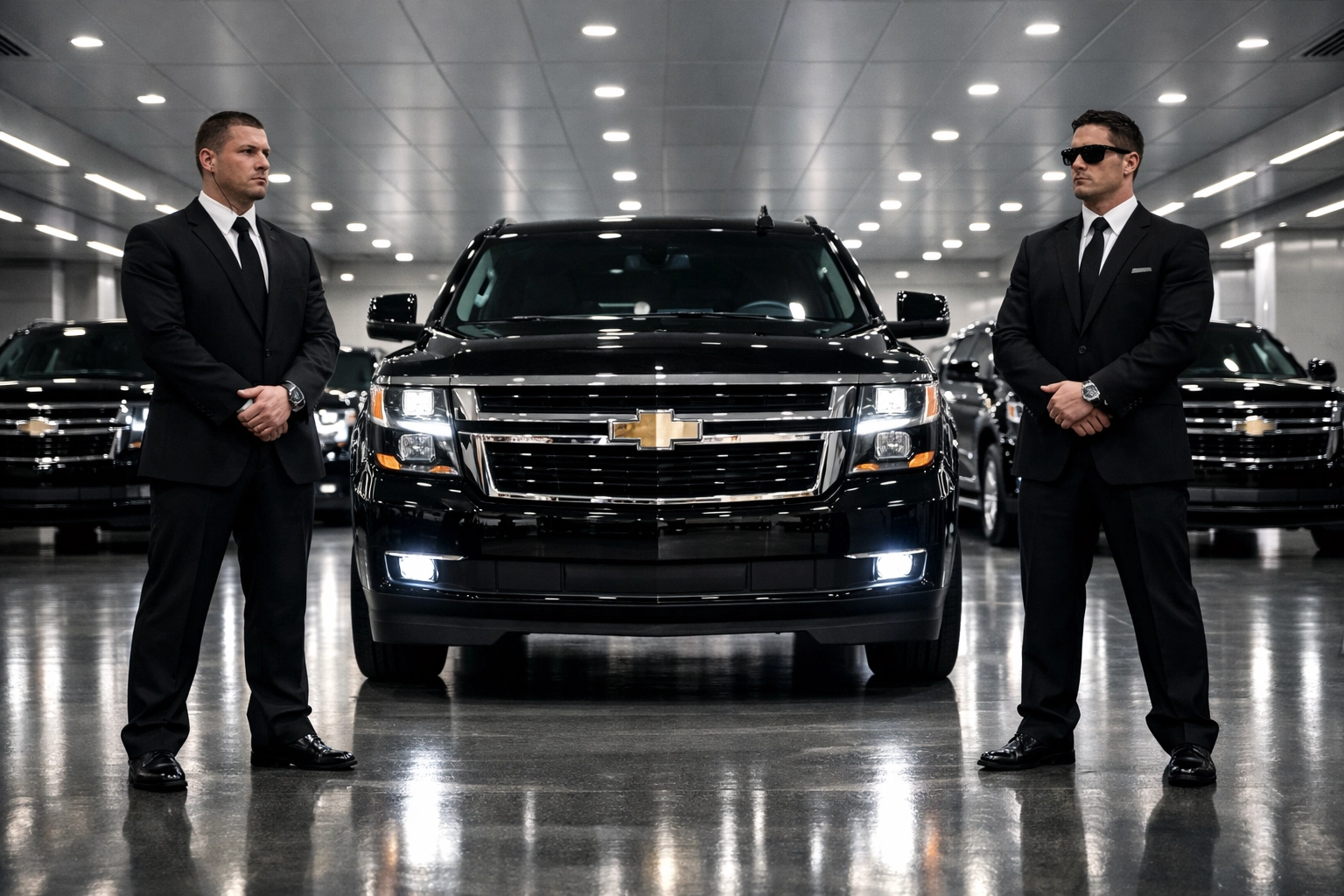 Secure executive SUV fleet and professional security detail for VIP Super Bowl corporate travel logistics.