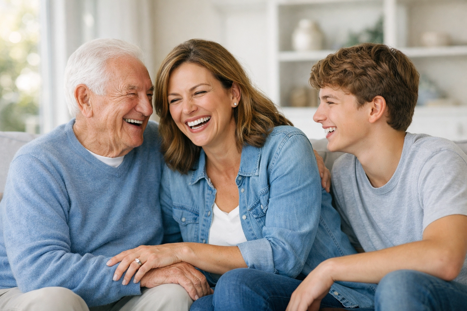 Multi-generational family laughing together, showing the peace of mind from life insurance protection.