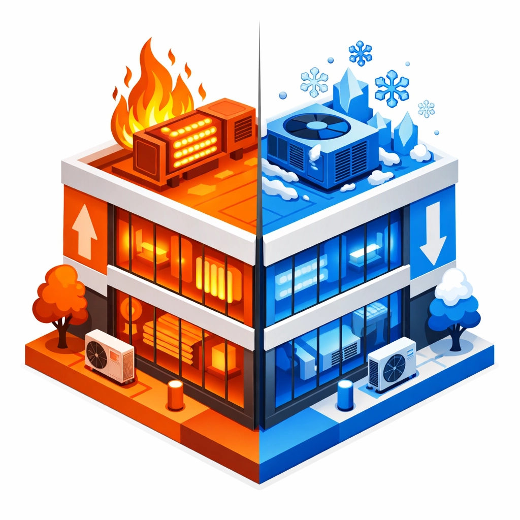 Commercial building with dual heating and cooling HVAC capabilities