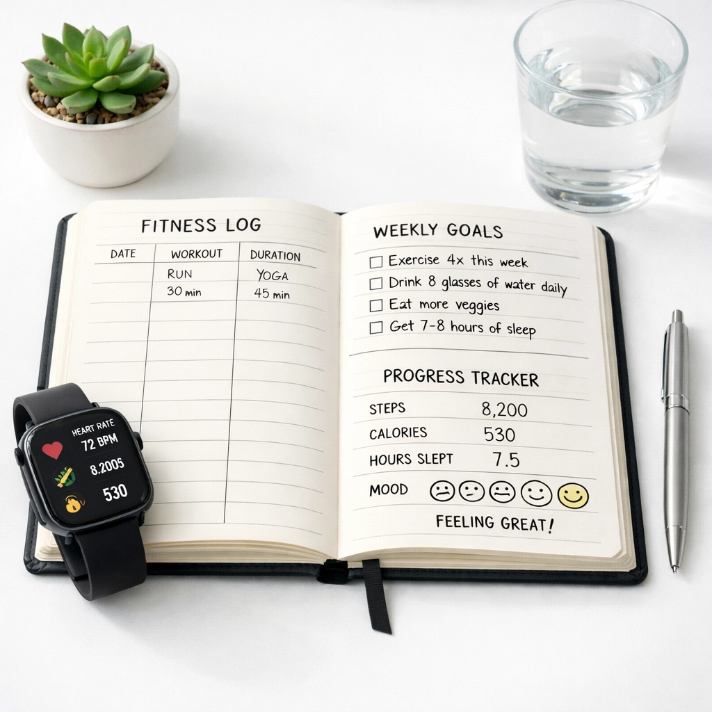 Blood sugar tracking journal with smartwatch displaying health metrics