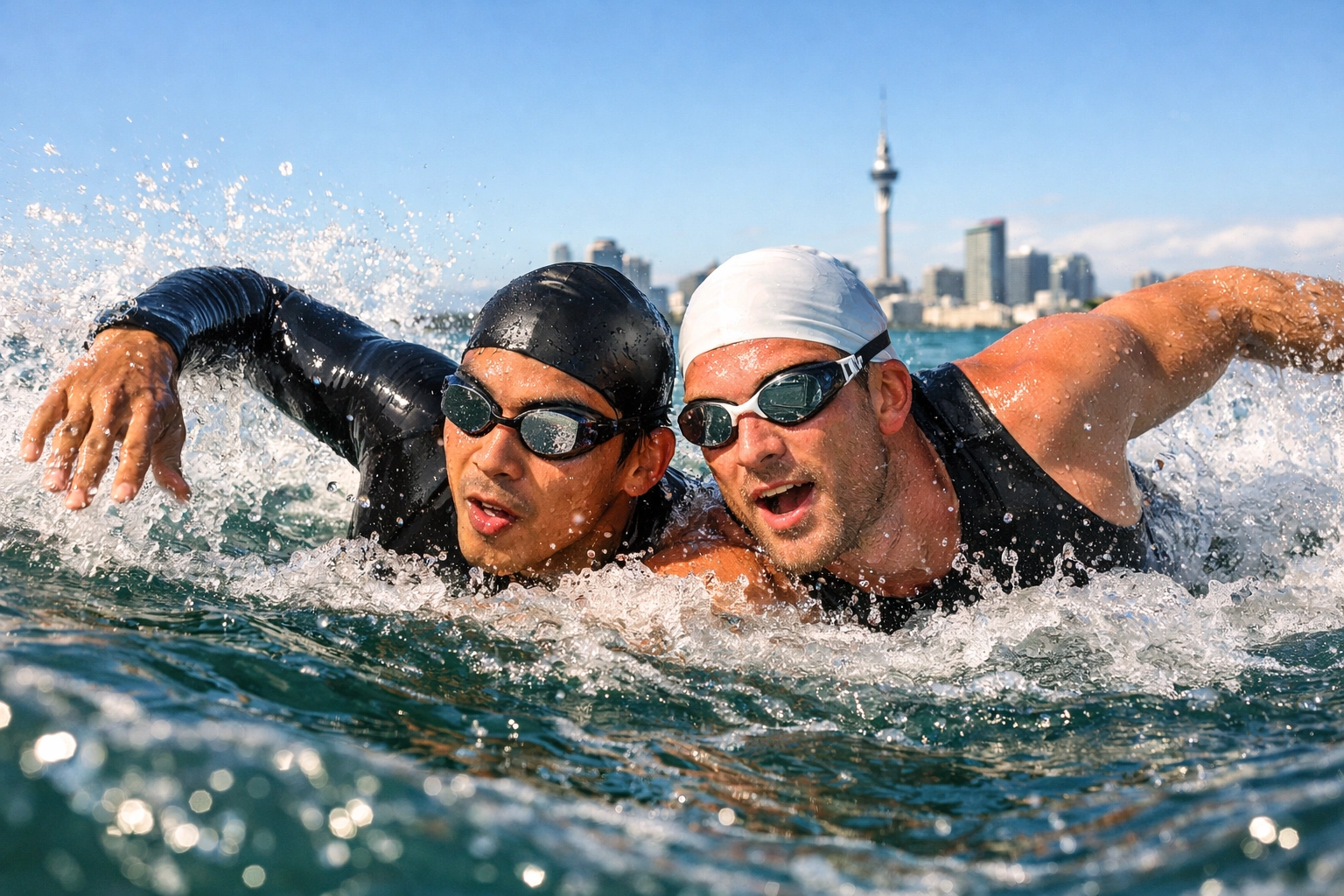 Two gay swimmers training together in Auckland waters, building trust and connection