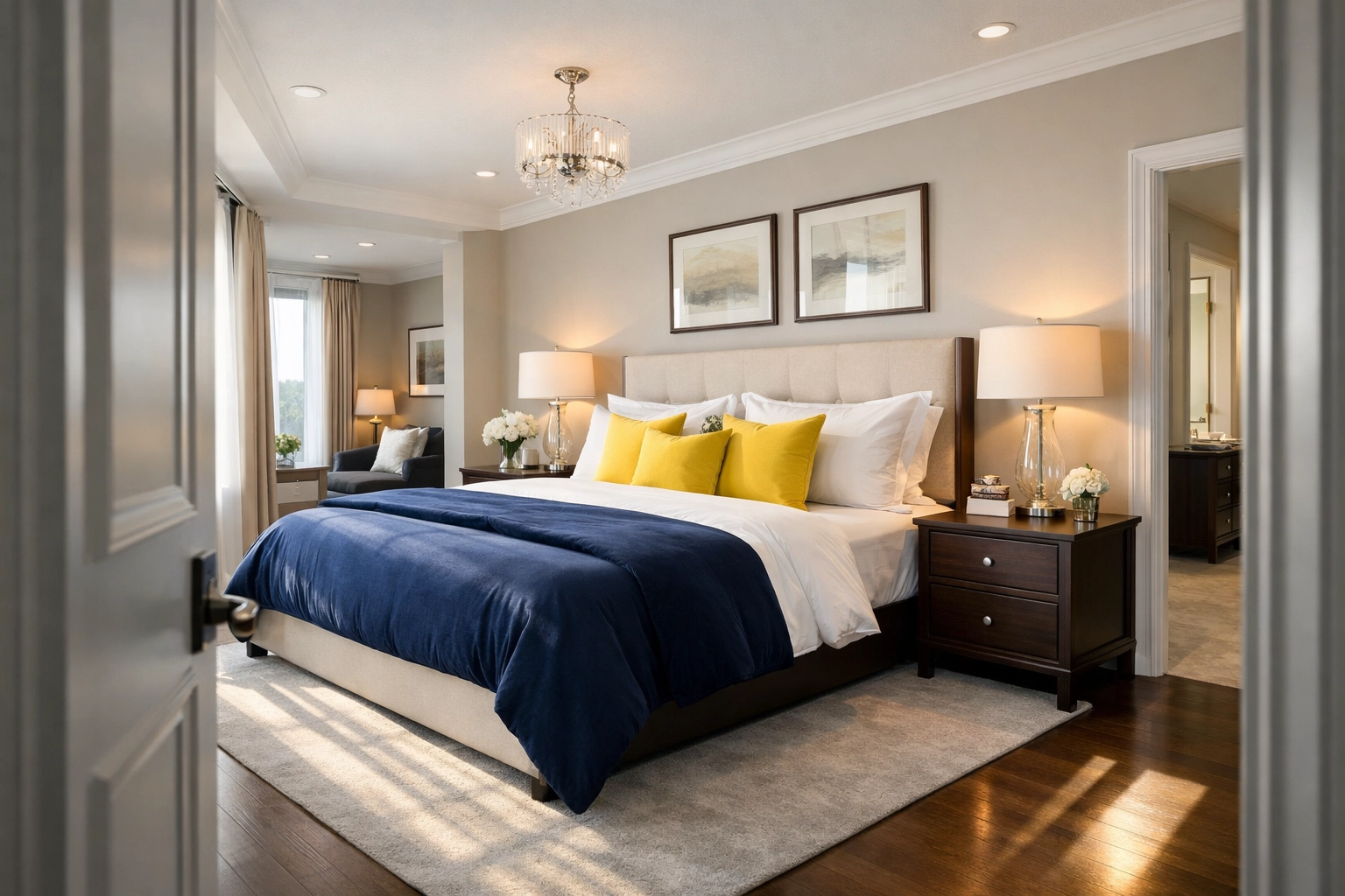 A professionally cleaned and organized luxury bedroom suite in a Wellfleet residence.