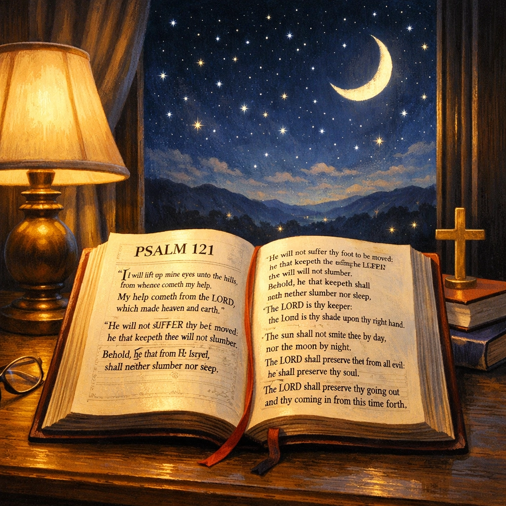 Open Bible showing Psalm 121 under warm lamplight for evening devotional reading