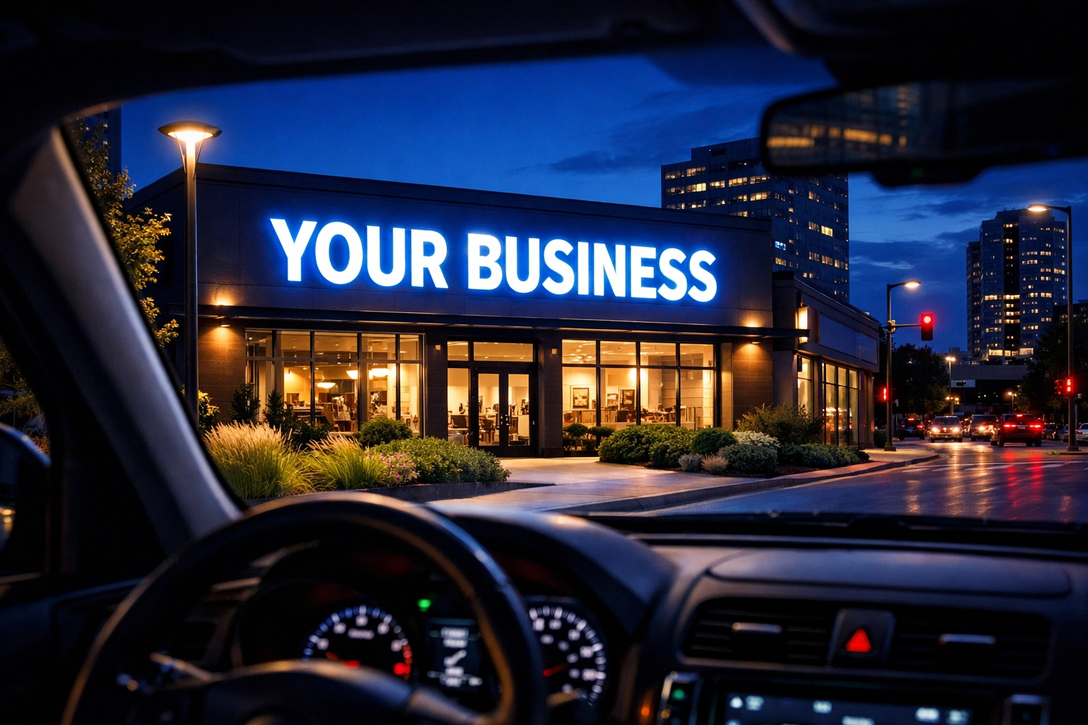 Vibrant illuminated LED channel letter sign on a Dallas storefront visible from the street.