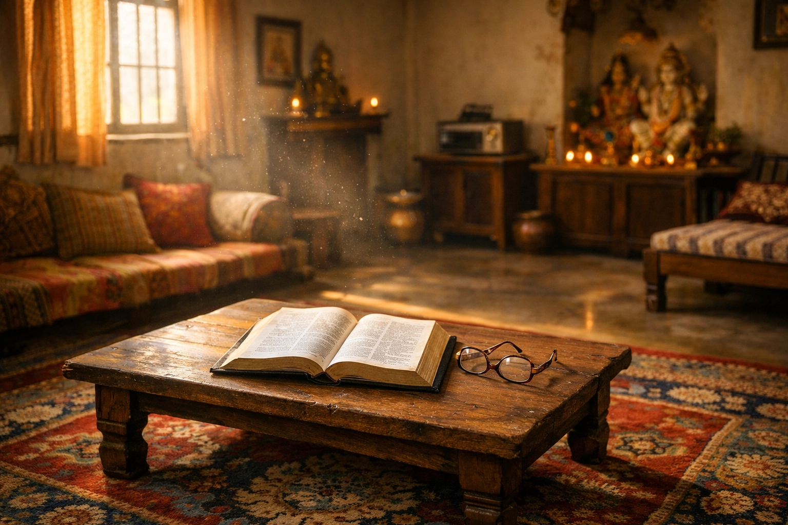 A quiet Indian home living room with an open Bible, representing the right to home prayer meetings.