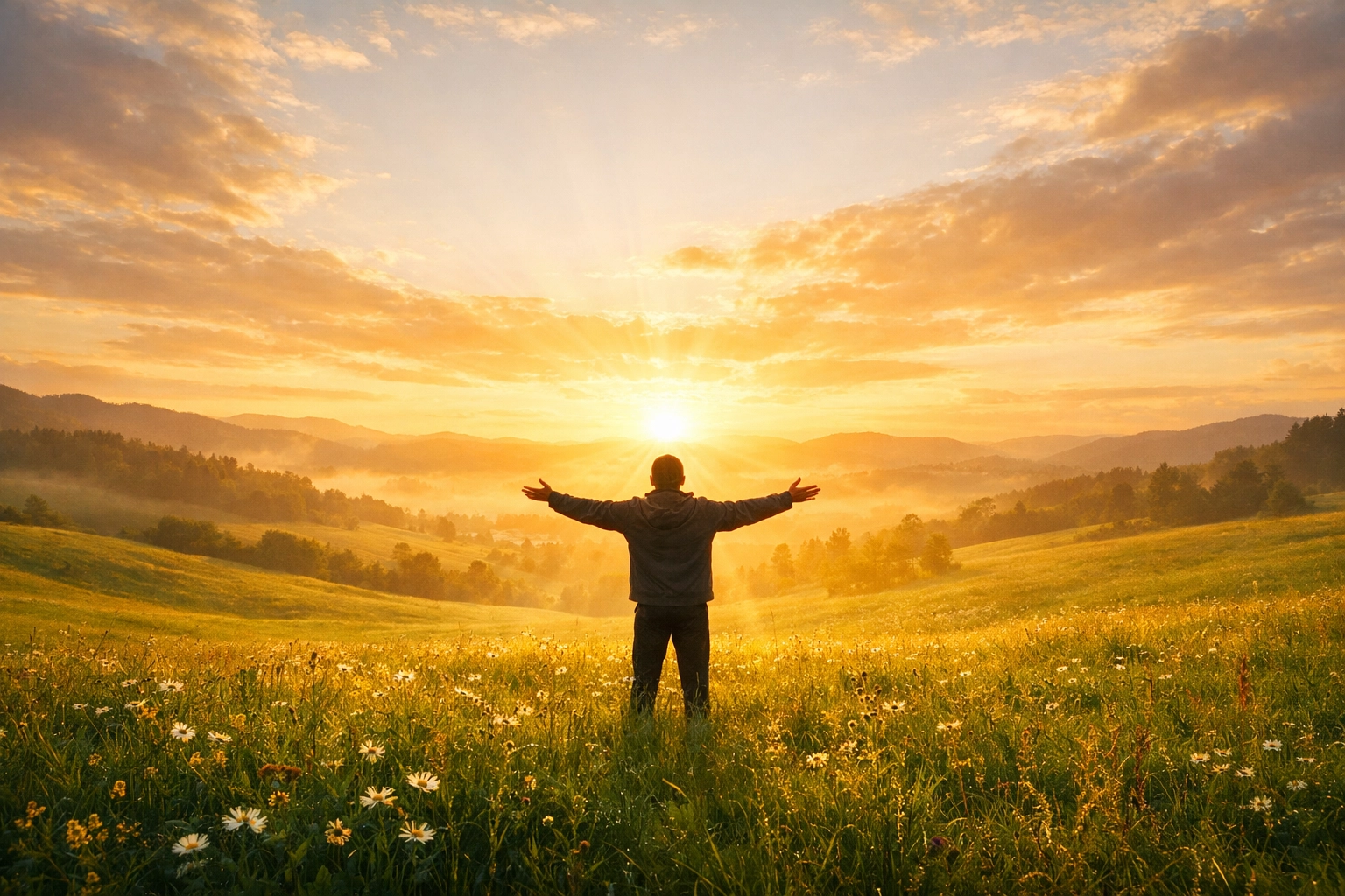 A person standing in a sunlit meadow at sunrise symbolizing freedom from shame and healing through God's grace.