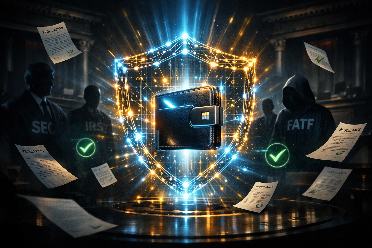 Regulatory compliance shield protecting Web3 payment wallet from federal oversight agencies