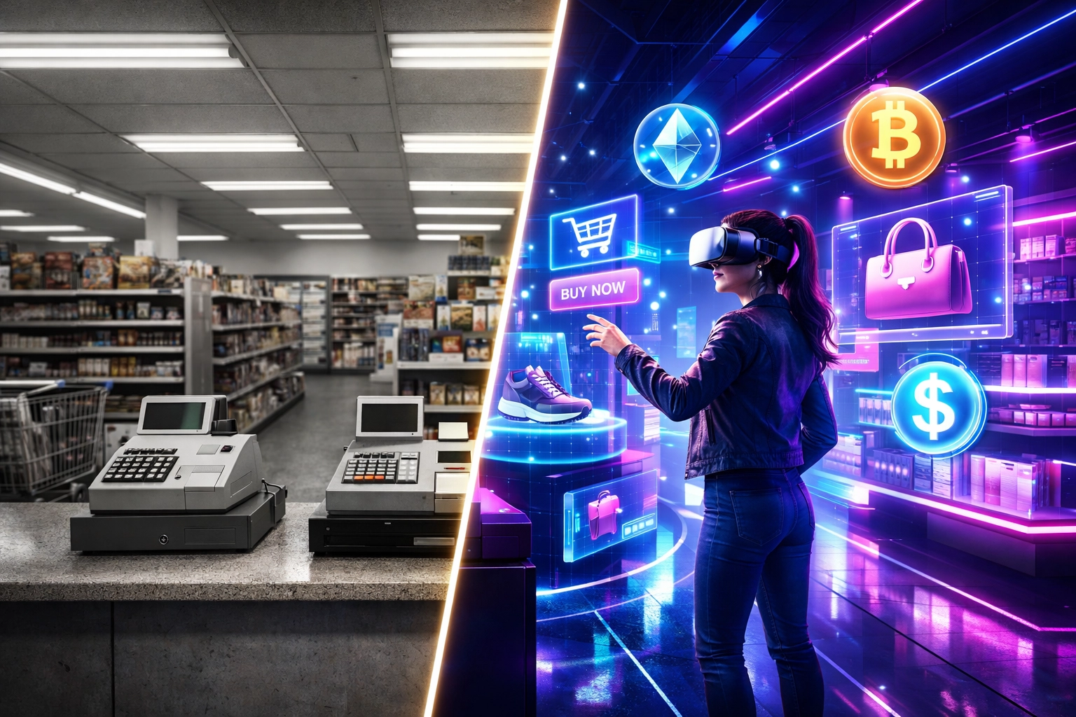 Traditional retail store compared to vibrant VR metaverse shopping with crypto payments