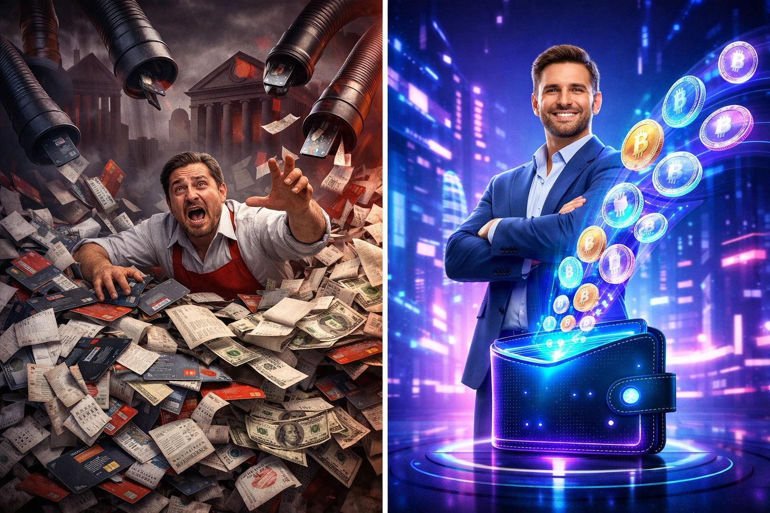 Merchant comparing high traditional payment fees versus low crypto transaction costs