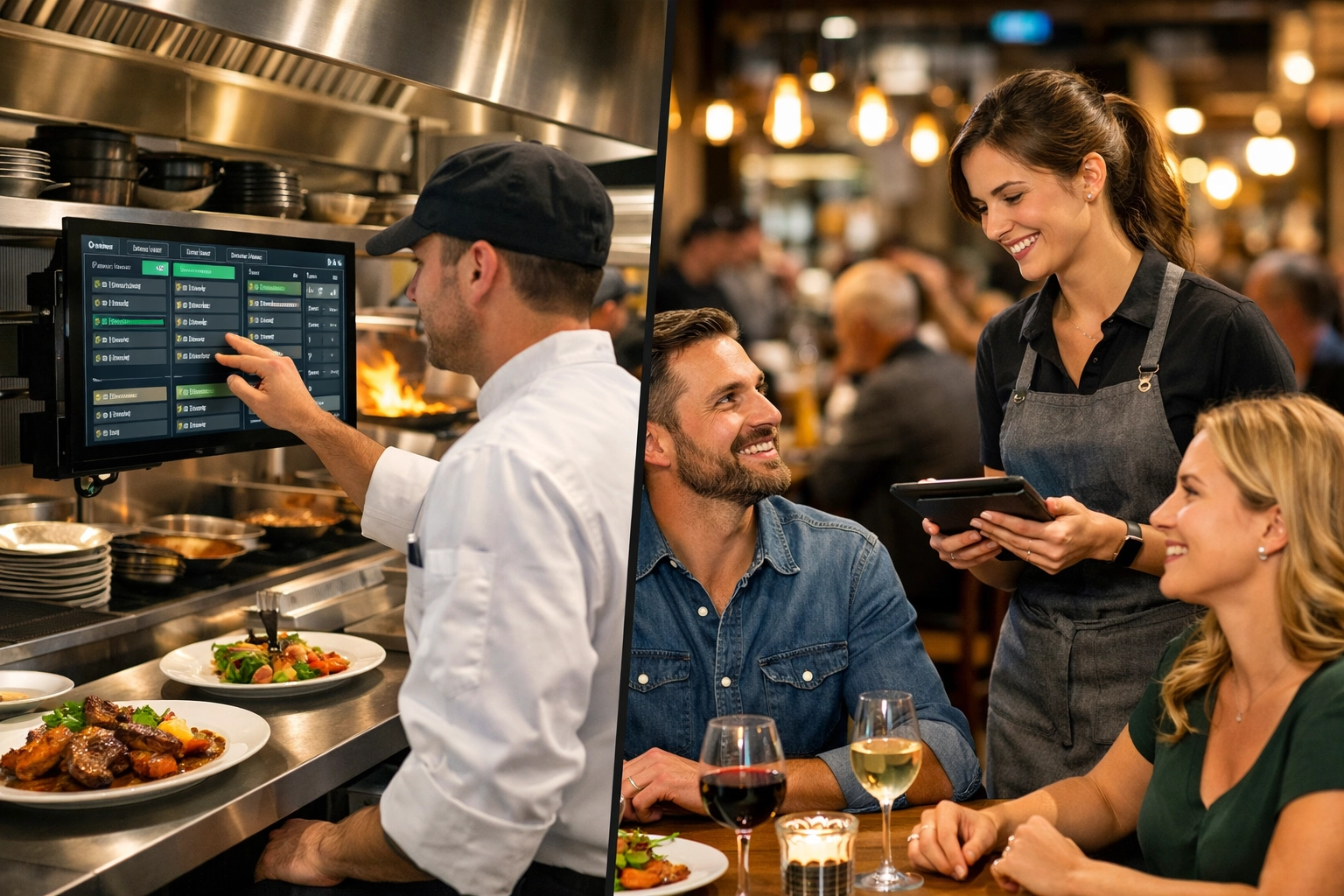 Restaurant staff using POS tablets and kitchen display screens during service
