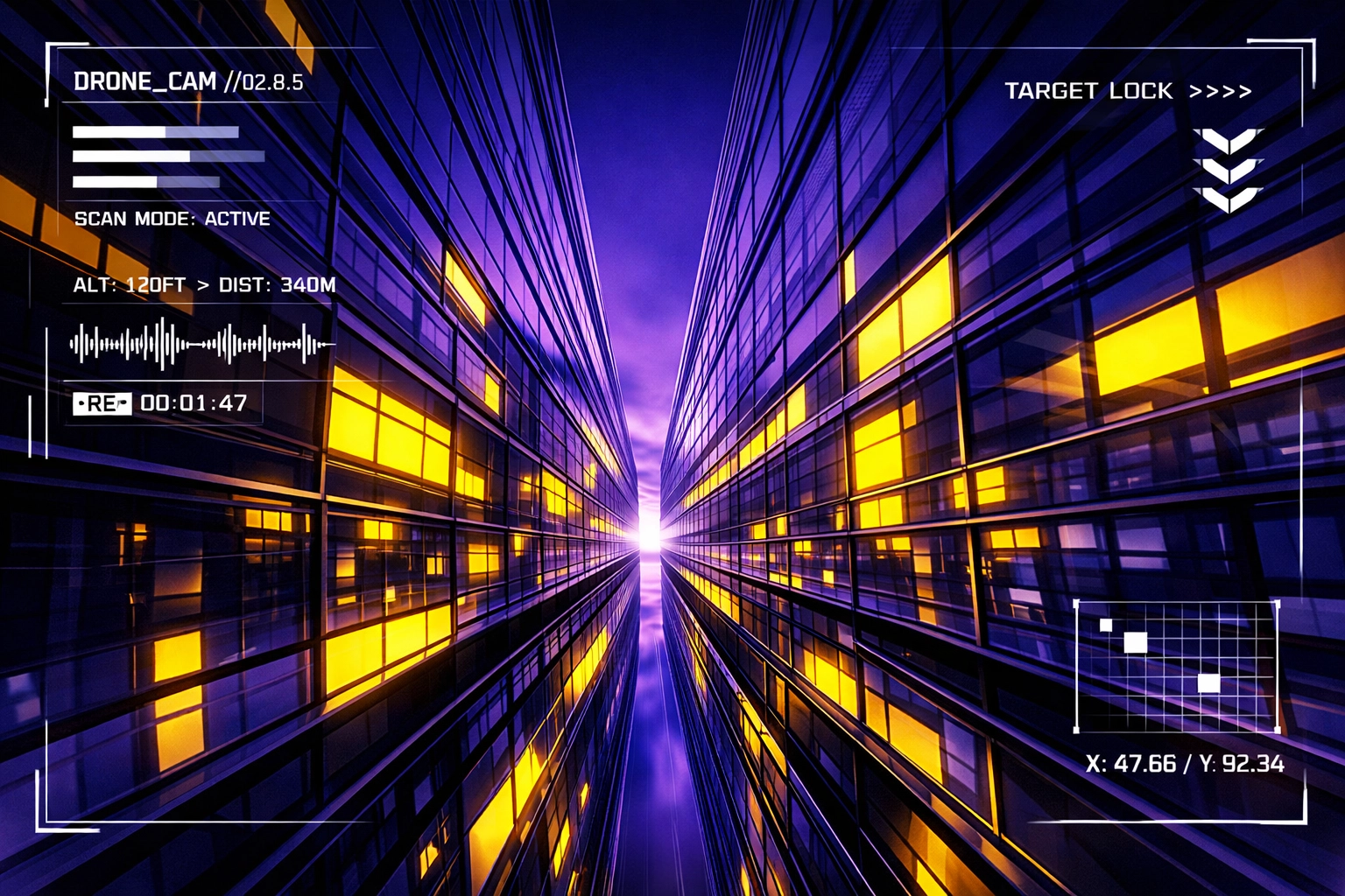 Low-altitude drone shot between skyscrapers showcasing unique unreachable angles