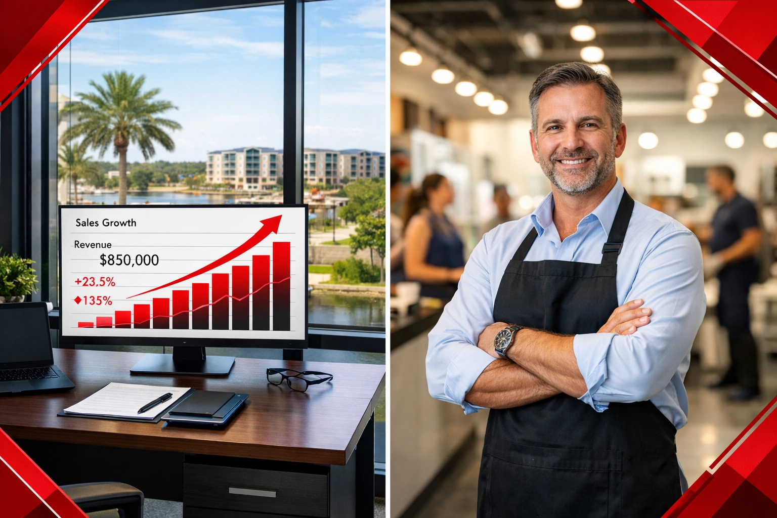 Profitable business owner in Land O' Lakes reviewing growth charts and financial success metrics