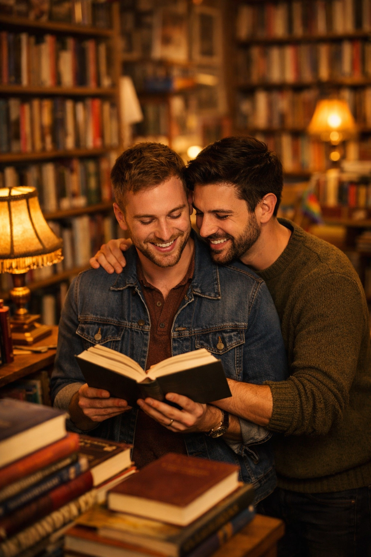 Gay couple browsing MM romance books together in LGBTQ+ bookstore