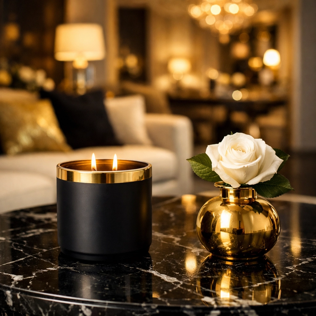 Black Commerce Matters: Why Your Choice to Buy Black is Rebuilding History Elegant luxury home decor and scented candle on a marble table in a modern living room.