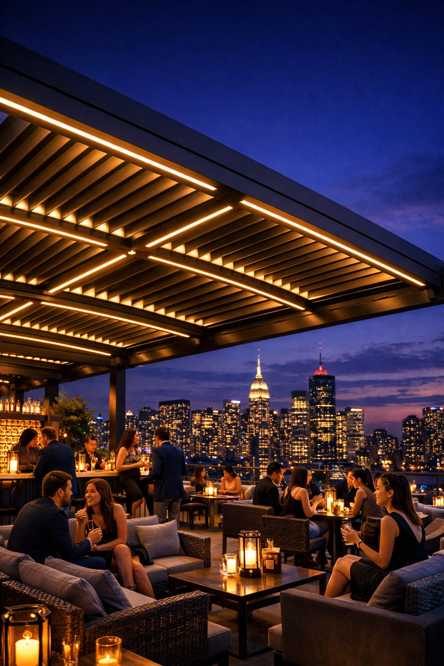 Luxury rooftop bar with a large-scale louvre system and integrated LED lighting for year-round evening trade.