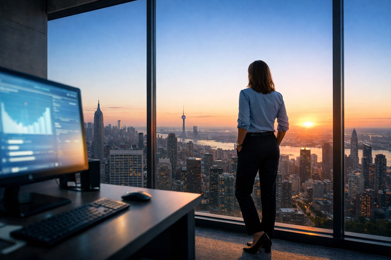 IT professional in a high-rise office symbolizing global ServiceNow consulting services and reach.