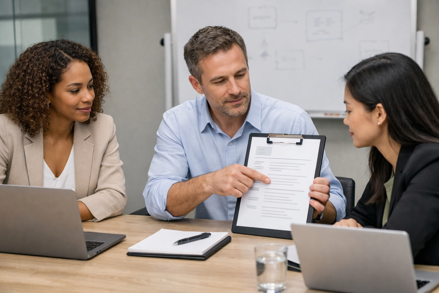 Professionals collaborating in a conference room while referencing a blank sample resume.