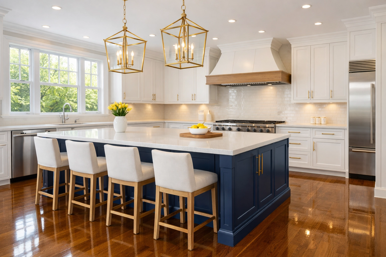 Luxury modern kitchen with polished floors after a thorough house cleaning in Westborough.