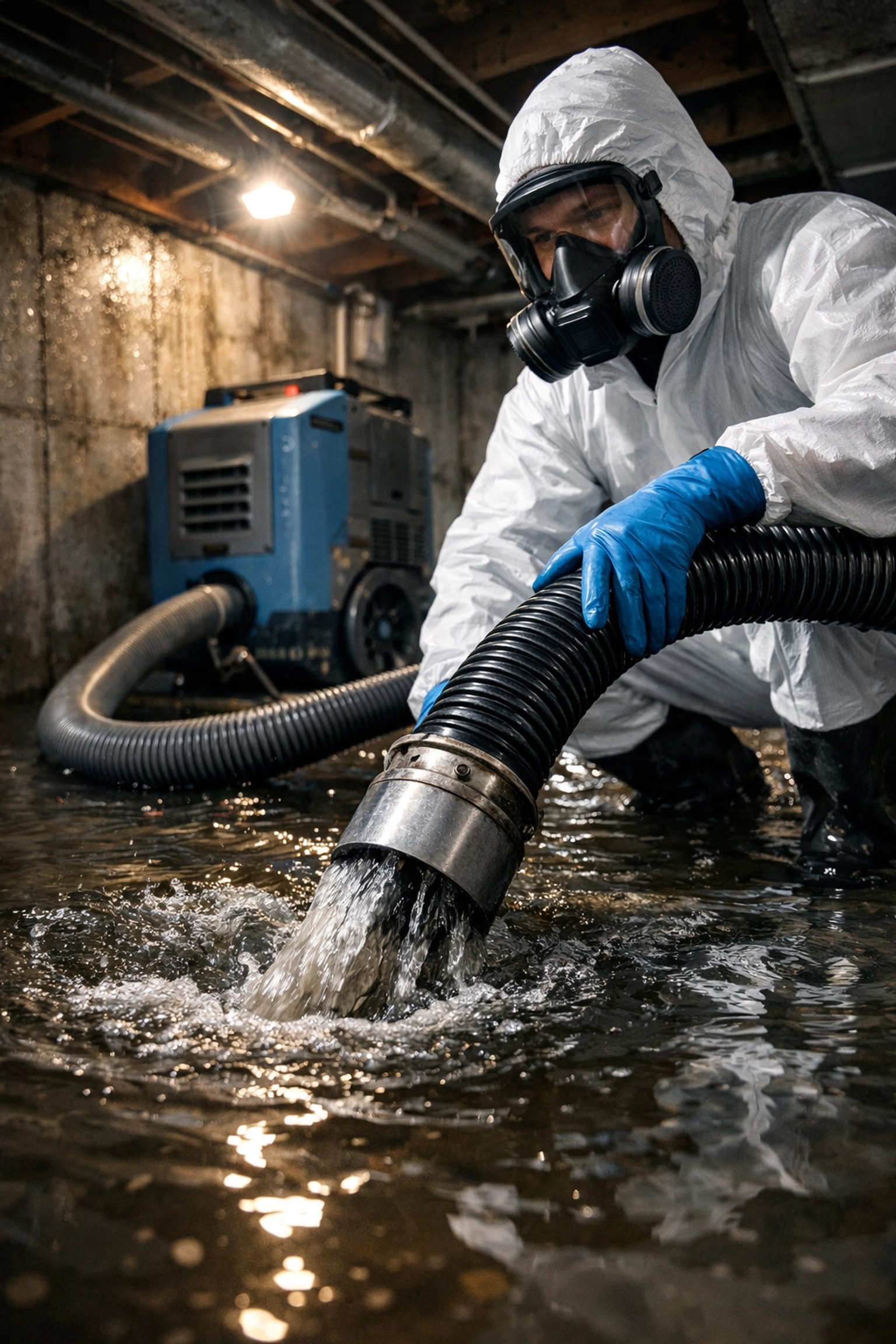 Professional water extraction equipment removing standing water in Berks County basement