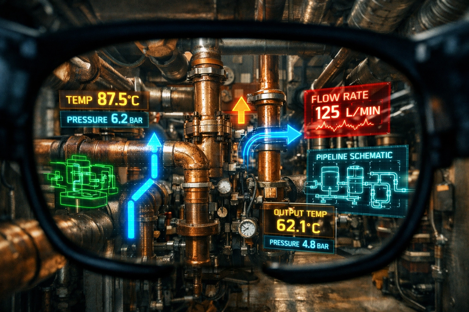 AR smart glasses displaying digital diagnostic overlays and 3D schematics on industrial mechanical pipes.
