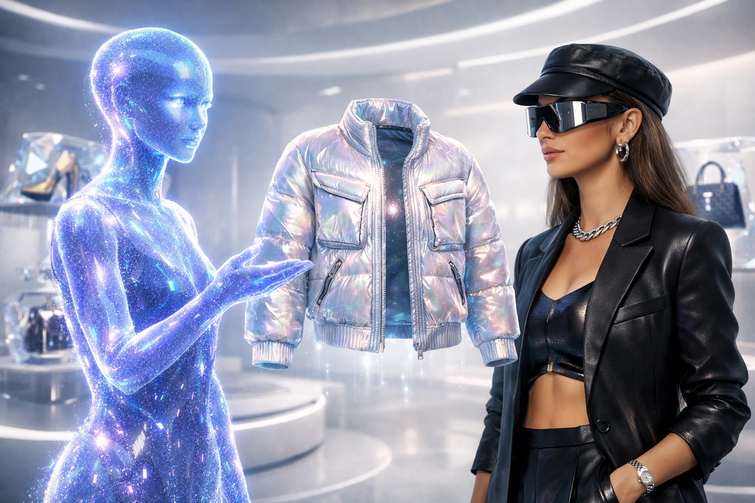 Virtual AI shopping assistant demonstrating a digital garment to a customer avatar in a metaverse store.