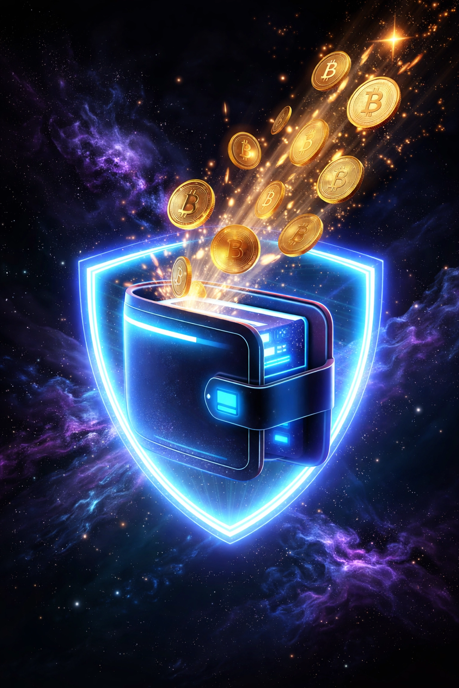 Digital wallet surrounded by crypto coins in space showing self-custody merchant account security and financial sovereignty