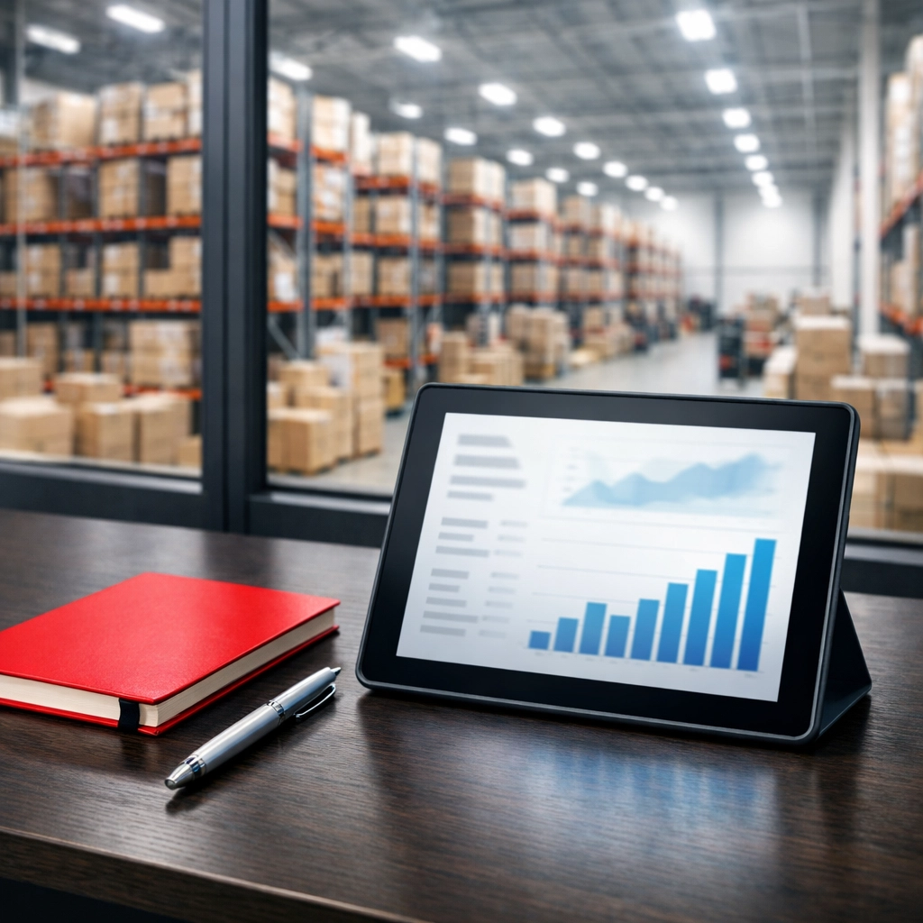 Data dashboard in a Hertford warehouse office displaying metrics for retail logistics and 3PL services.