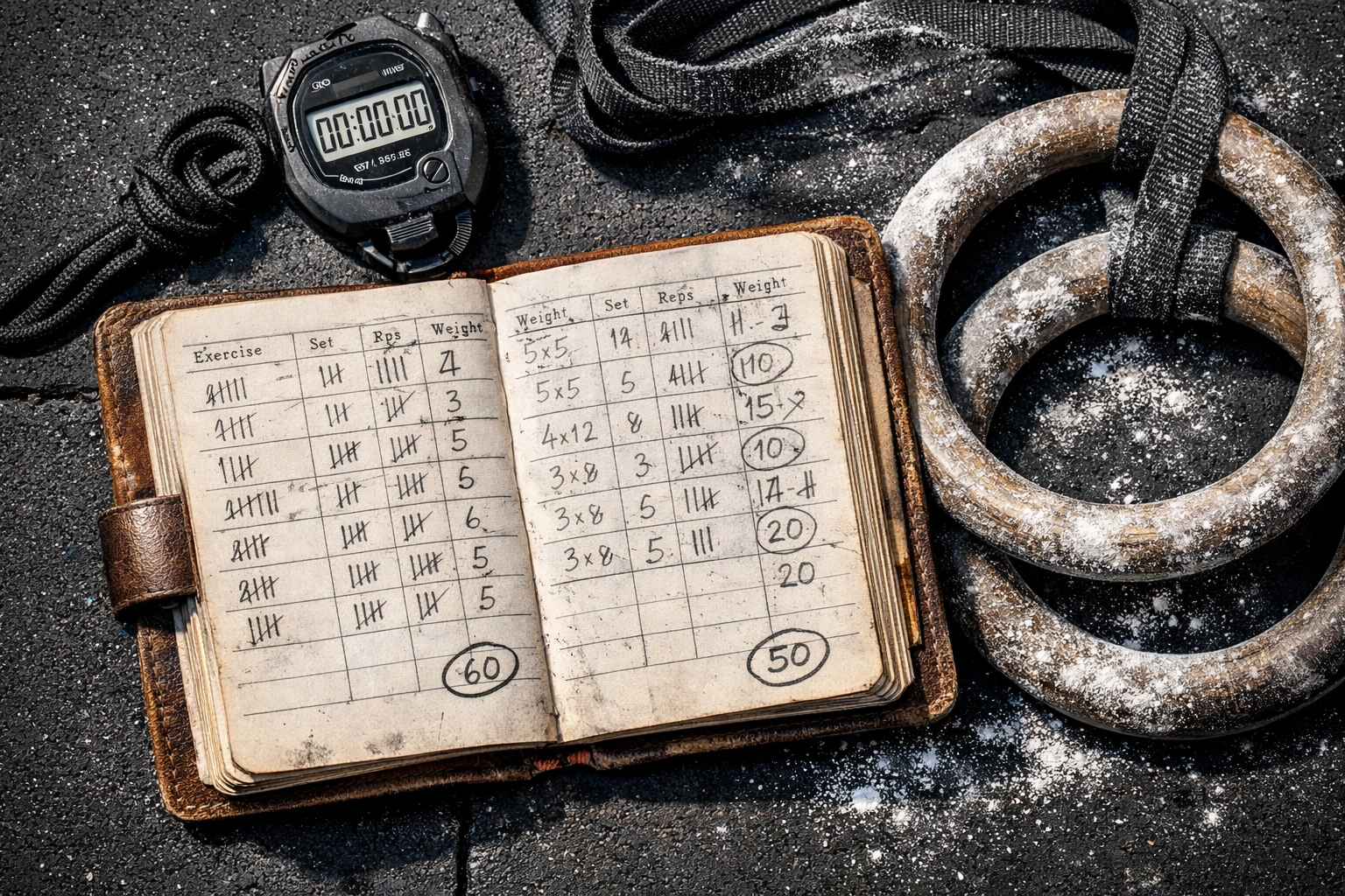A fitness training logbook and gymnastic rings used to track progressive overload in a home gym.