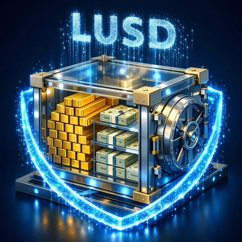 LUSD stablecoin vault secured with USD reserves and digital protection ensuring merchant payment safety