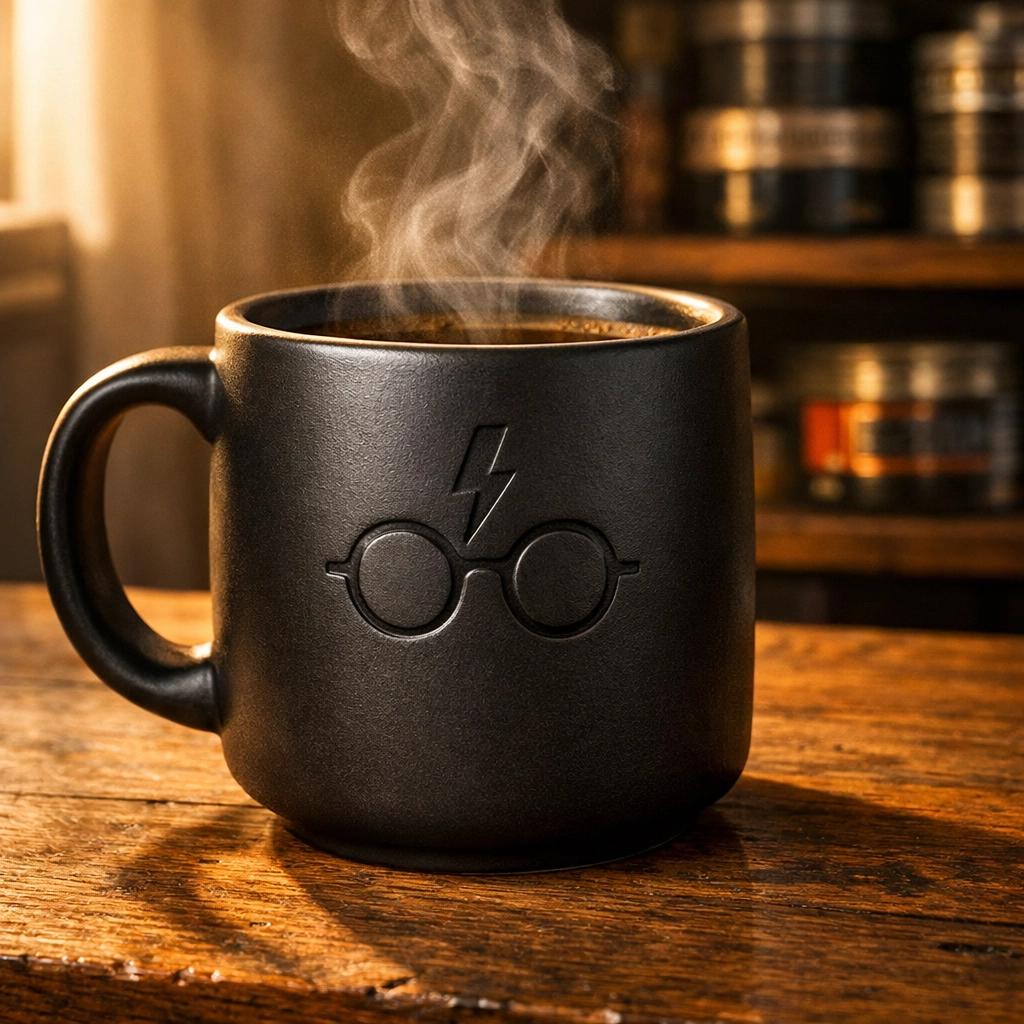 Matte black movie themed mug with lightning bolt emblem, a perfect practical gift for film lovers.