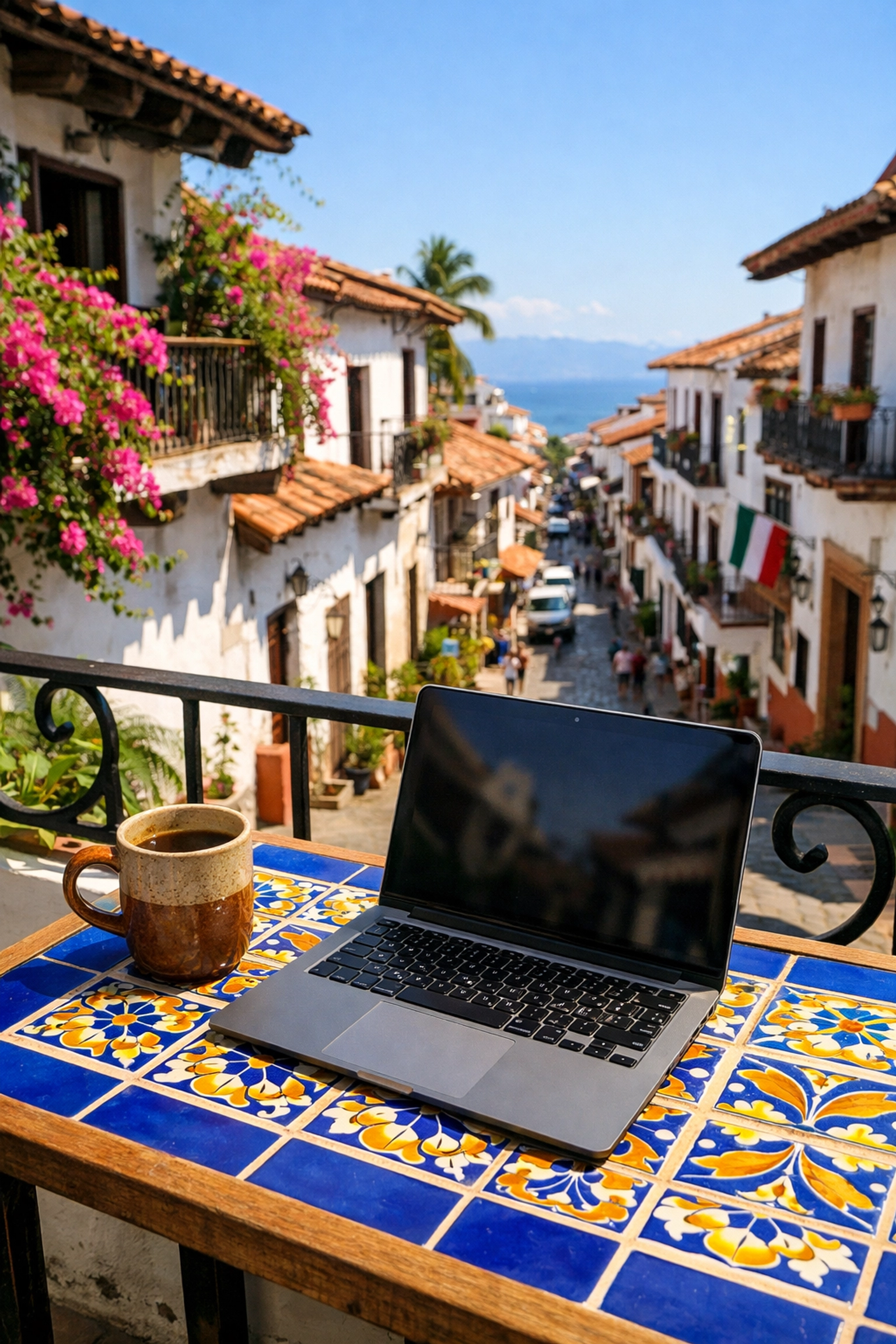 Digital nomad workspace on a Puerto Vallarta balcony in Zona Romantica with a laptop and local tiled table.