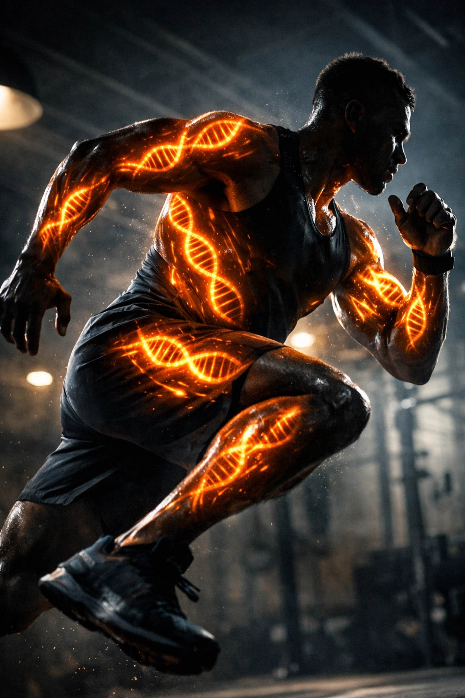 Athlete during a workout activating metabolic genes for improved muscle mass and longevity.