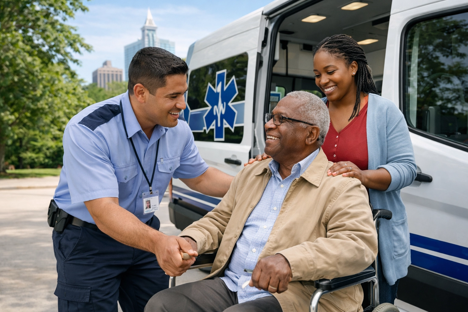 Professional senior medical transportation specialist assisting an elderly patient in Raleigh NC.