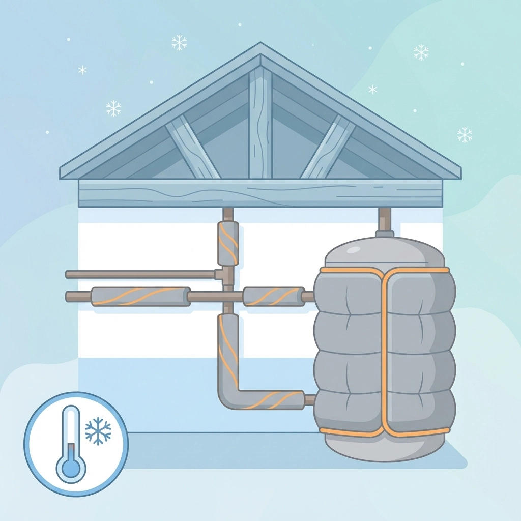 Loft pipes and water tank insulated to prevent freezing, highlighting the importance of lagging pipes in cold loft spaces.
