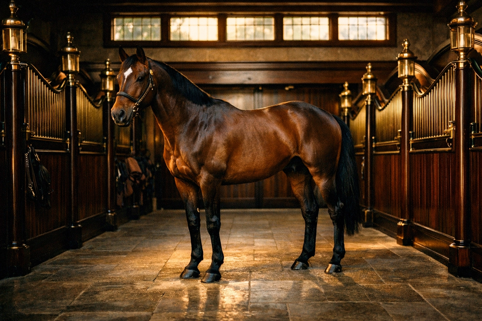 Thoroughbred horse in a luxury stable, representing a high-value asset for bloodstock insurance.