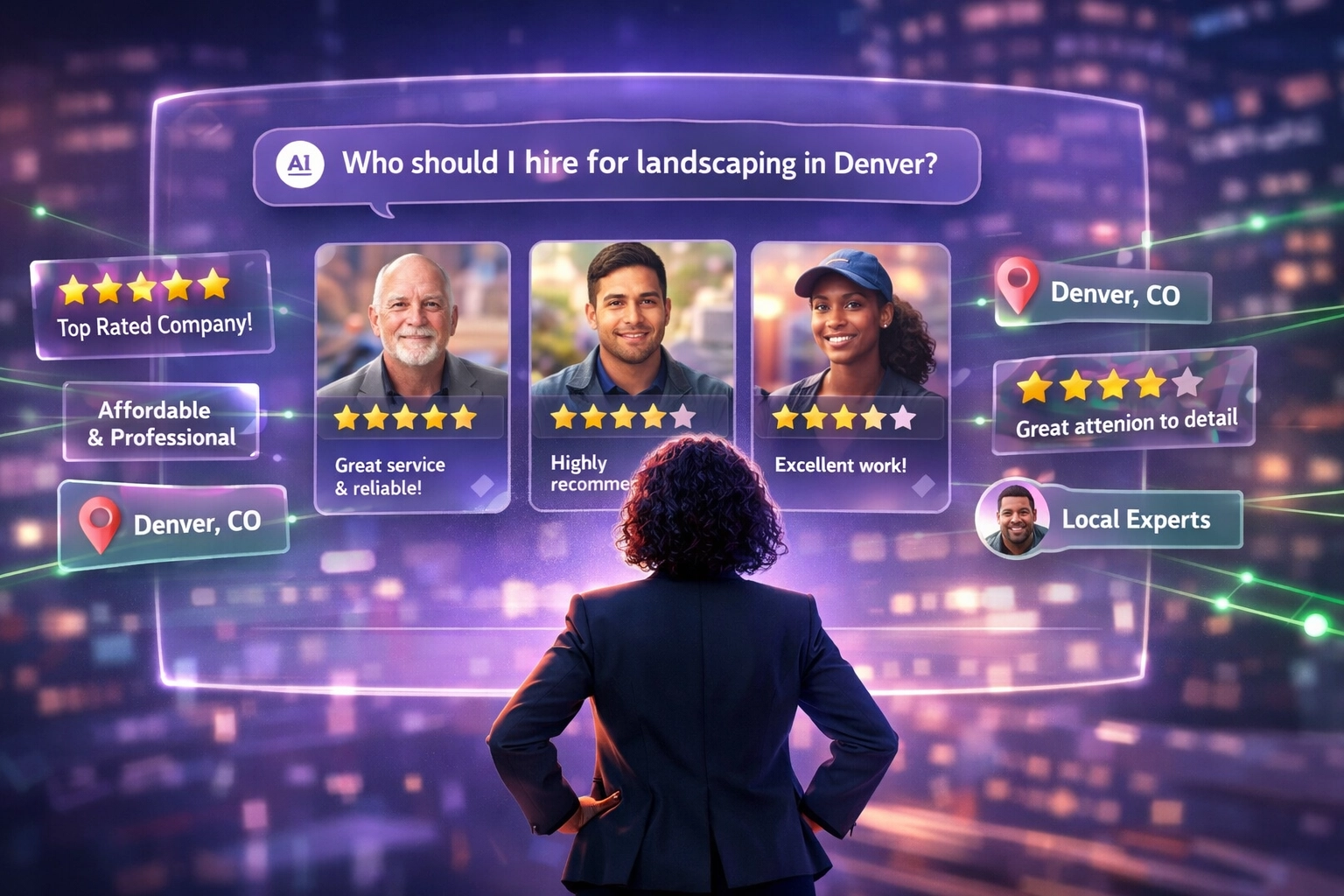 AI search tool recommending local business based on reviews, ratings, and online presence data