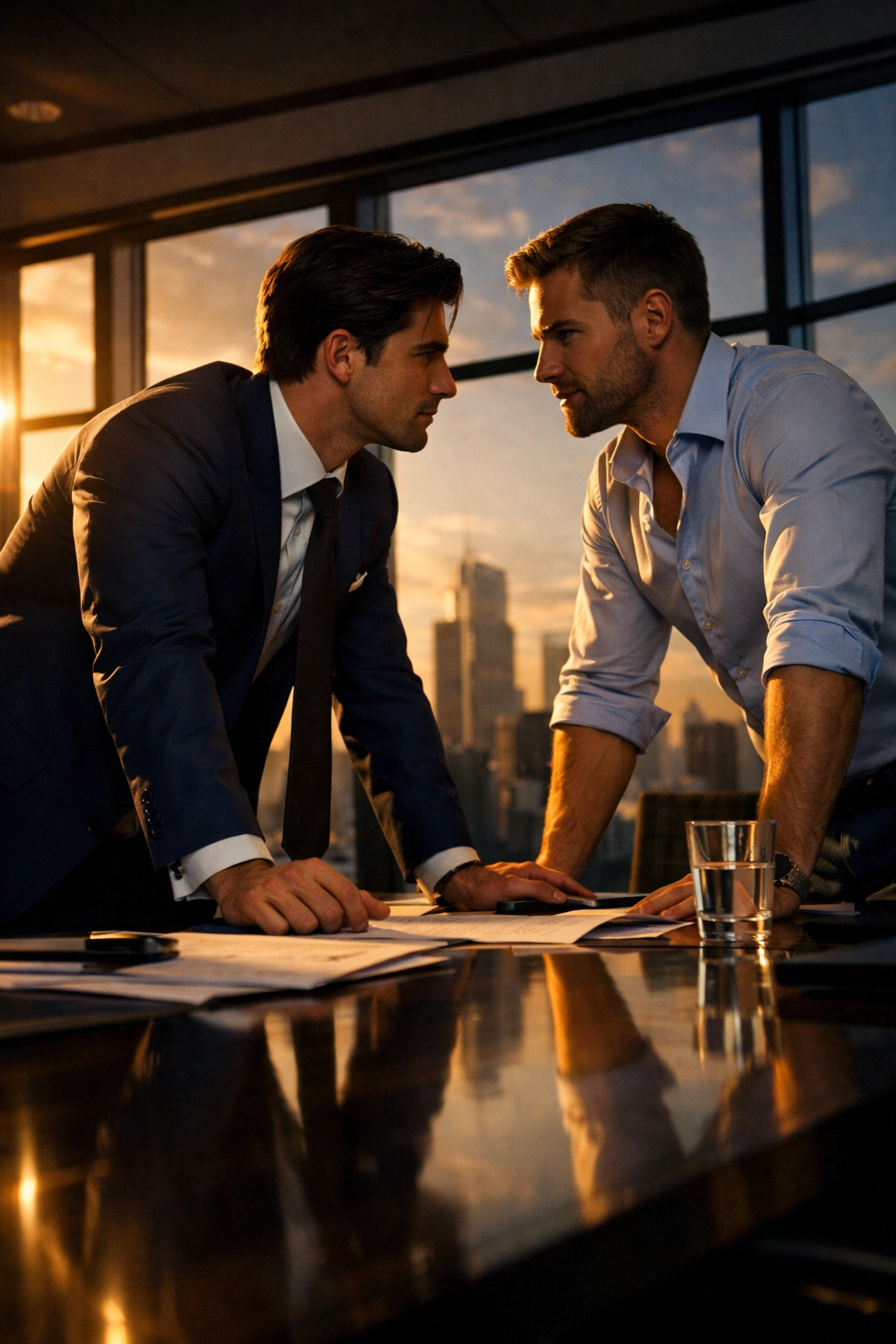 Two men in corporate boardroom sharing intimate moment - MM romance CEO trope illustration