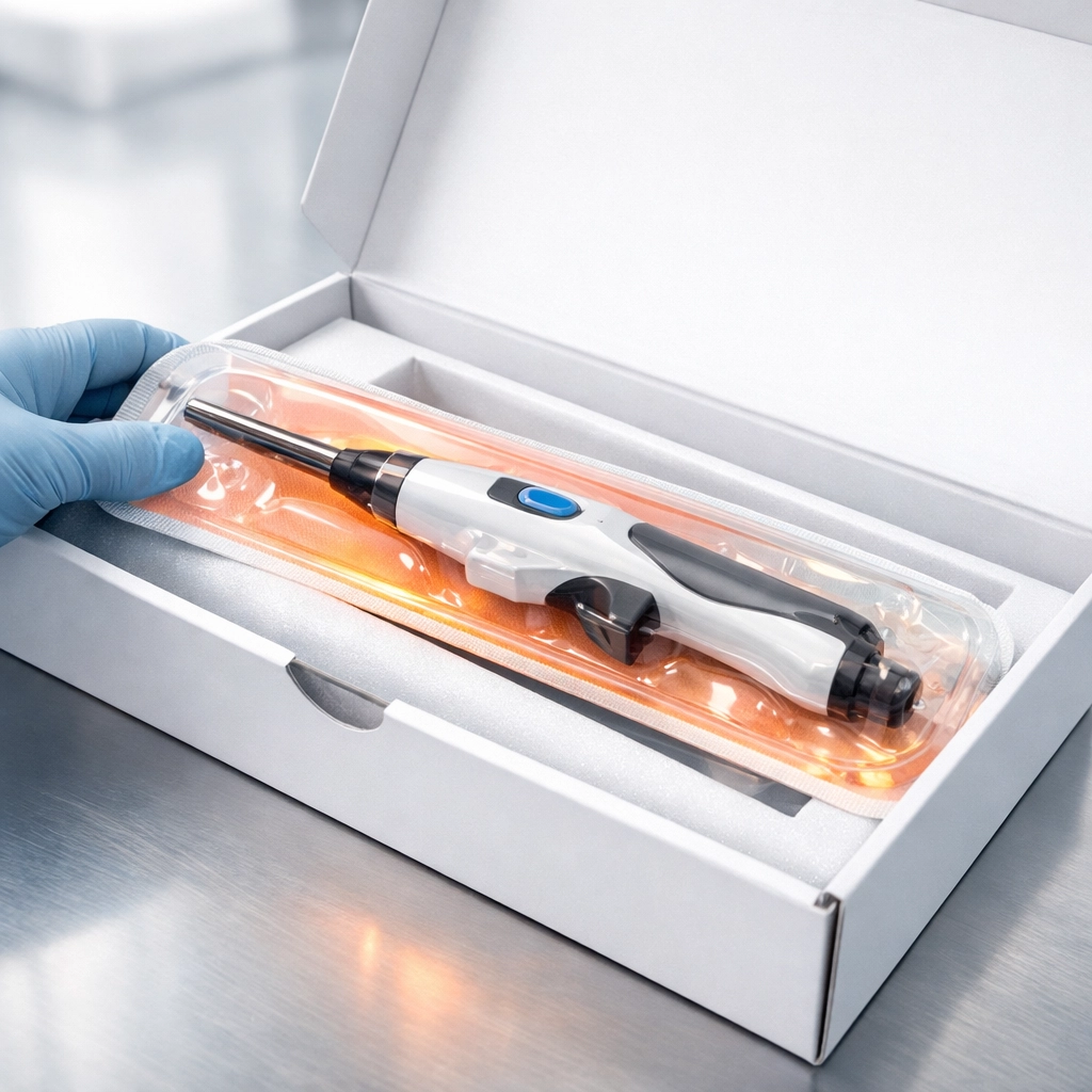 Staff member packaging surplus advanced energy devices including the LigaSure device to sell to a surgical devices supplier.